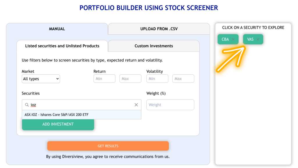 Explore individual securities from the order page in Diversiview.