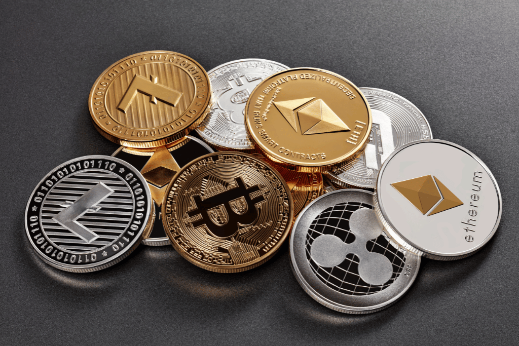 Various coins representing different cryptocurrency. 