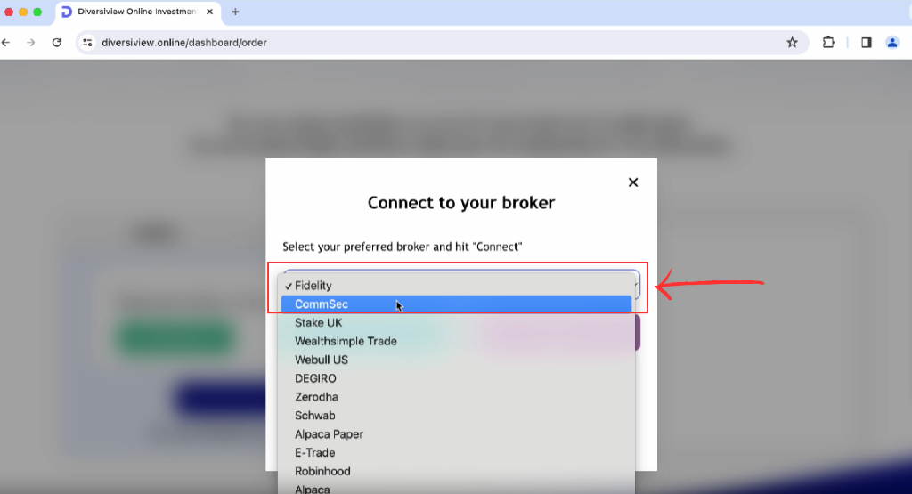 Select your preferred broker on Diversiview.