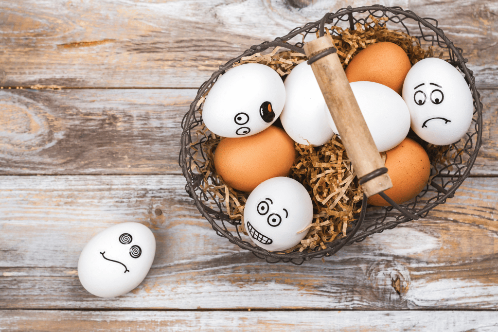 Diversification helps spread potential risks and opportunities across various investments. Picture of eggs in a basket with various images drawn on them.