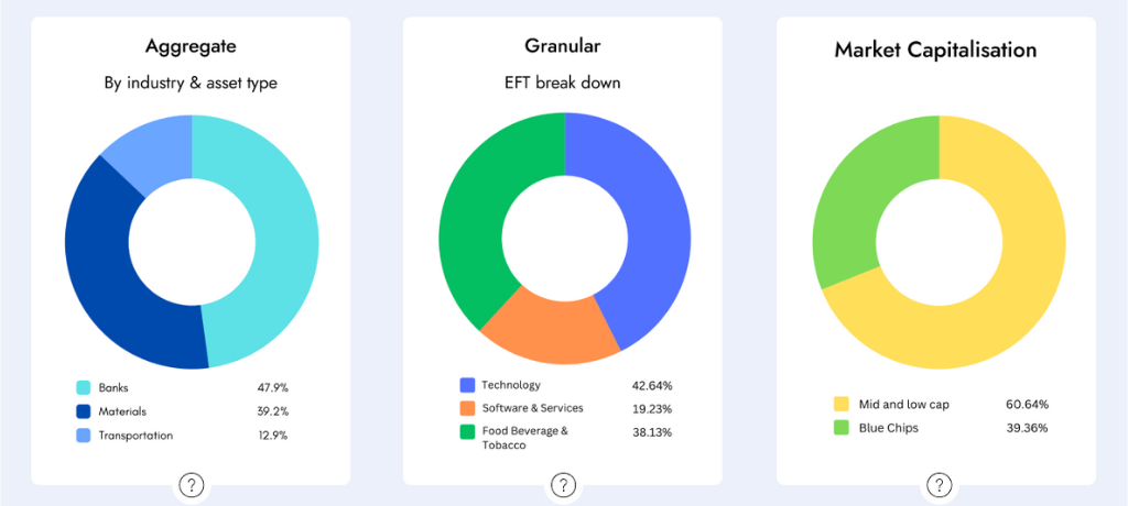 Three donut graphs showcasing the portfolio breakdown by industry and asset type, EFTs and market capitalization.