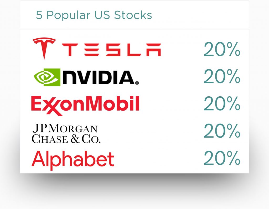 Sample portfolio of 5 popular US stocks, with equal allocation