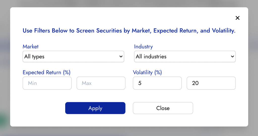 Diversiview stock screener allows you to filter securities with mettrics such as volatility levels.