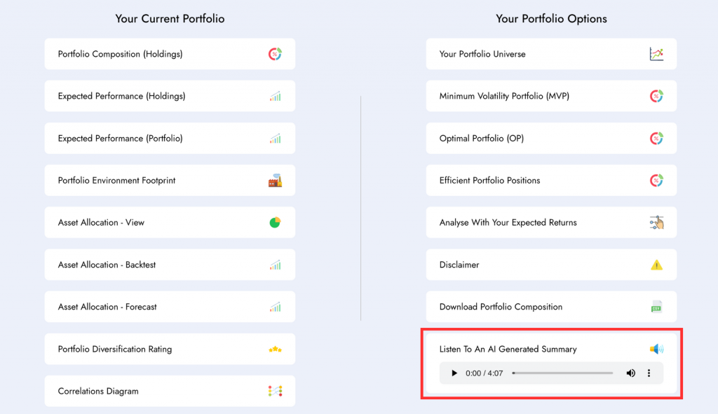 Listen to a Diversiview AI Generated Voice Portfolio Summary from your Analysis Report page