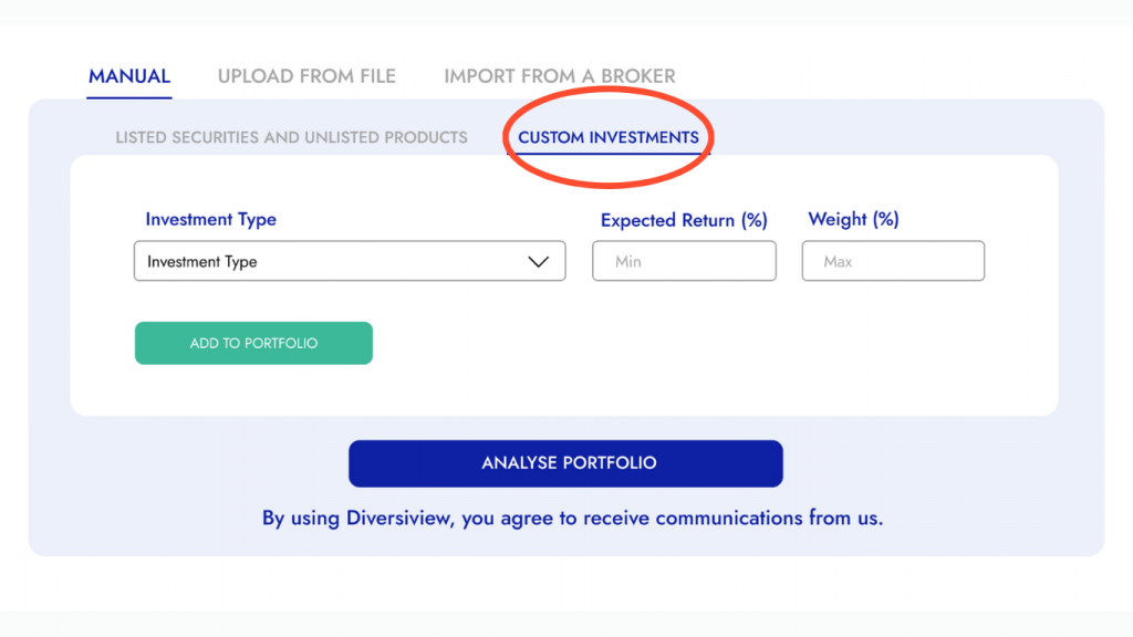 Getting started with Diversiview. How to add custom investments.