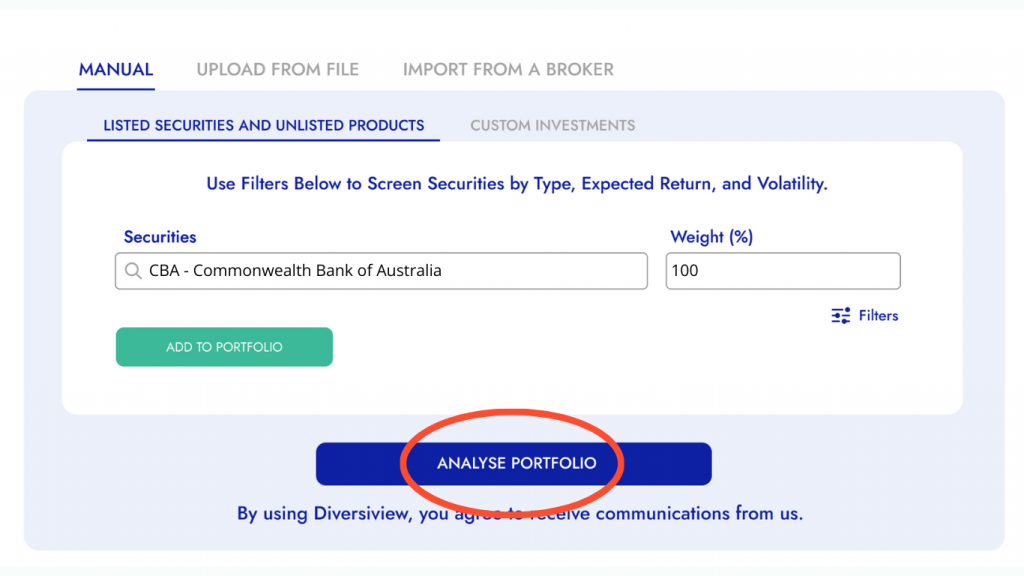 Getting started with Diversiview. How to run a manual portfolio analysis.