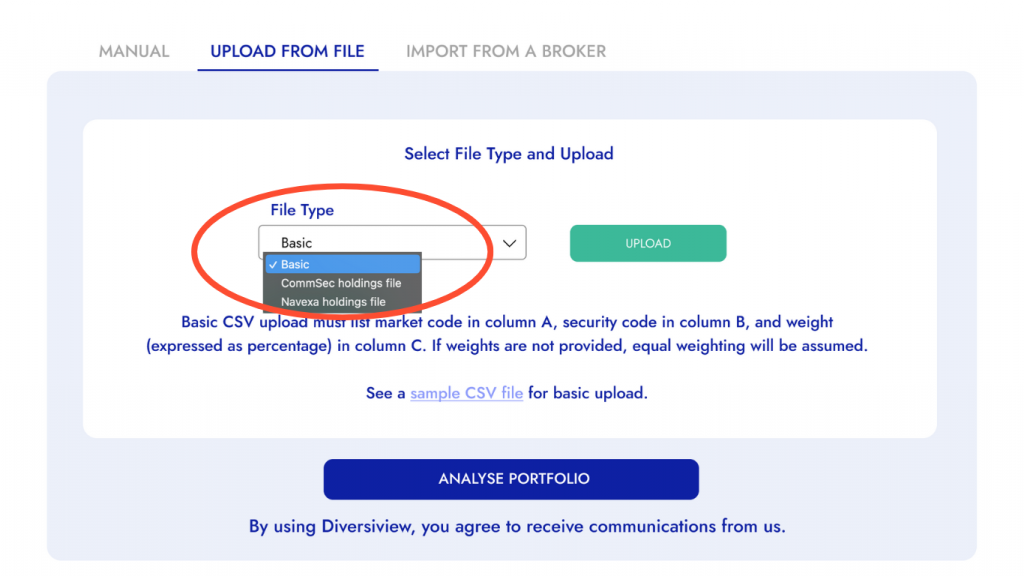 Getting started with Diversiview select file type and upload