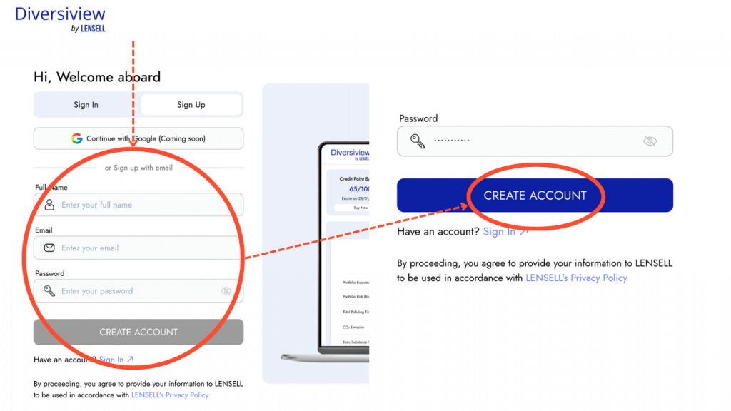 Getting started sign up to Diversiview enter your name email and password to create account
