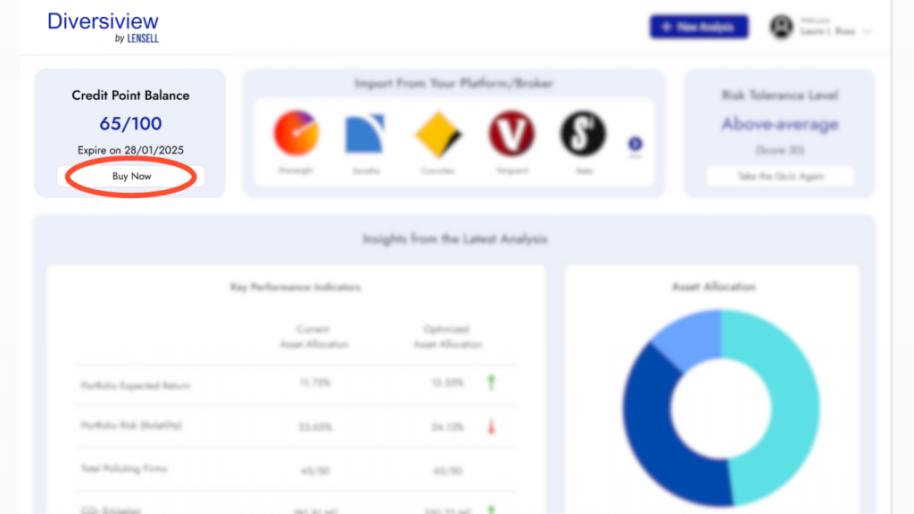 Getting started with Diversiview buying credit points from the dashboard.