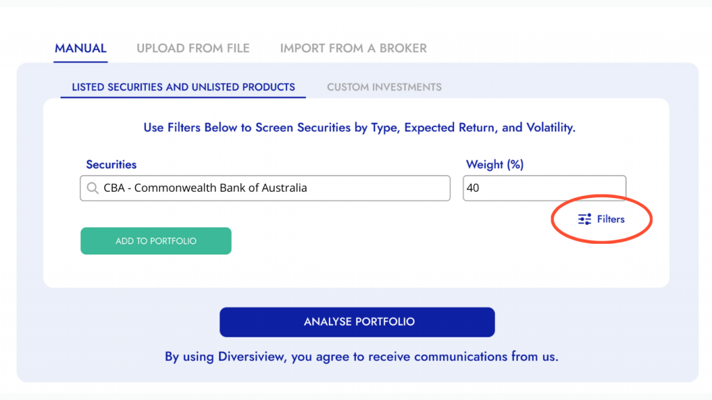 Getting started with Diversiview. How to filter manually listed securities and unlisted products.