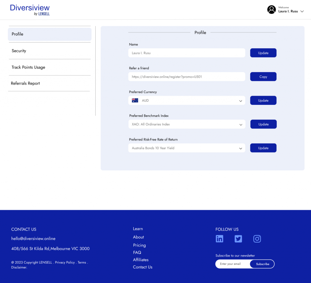 Diversiview user profile settings.