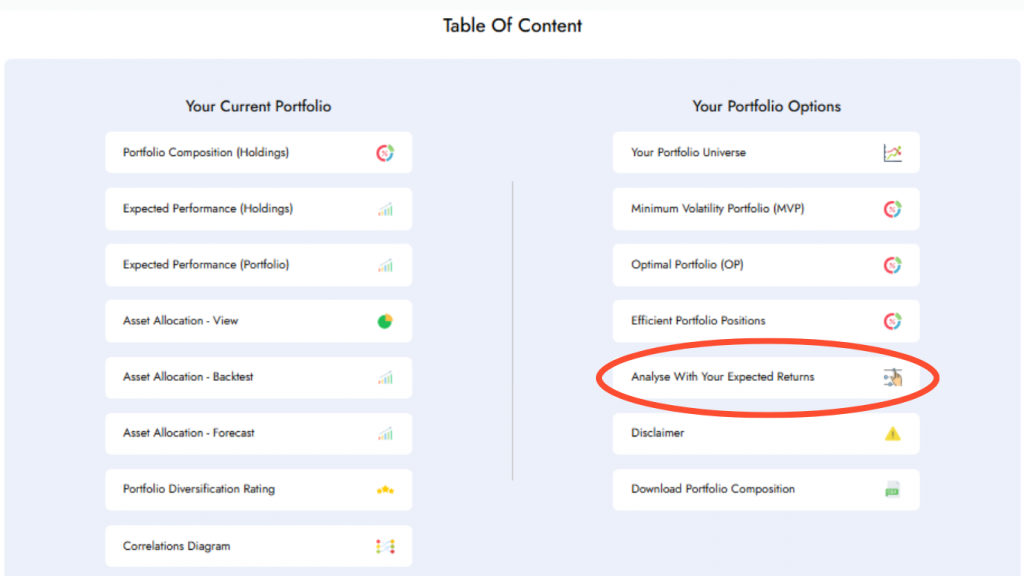 Find the 'Analyse With Your Expected Returns' Option from the Content Page of Diversiview