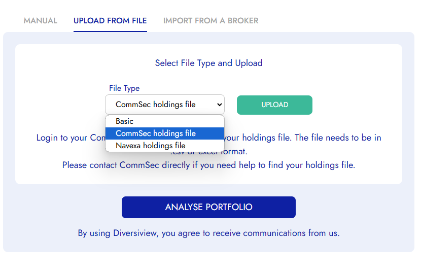 Diversiview upload CommSec holdings file and analyse portfolio