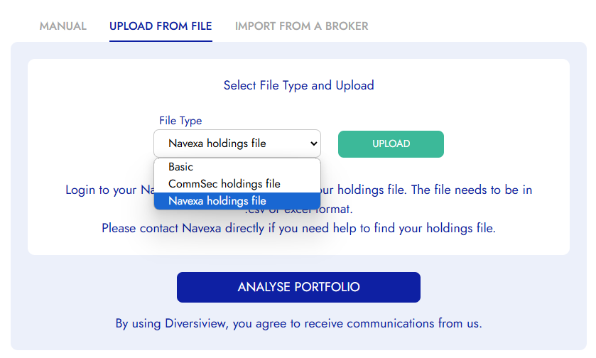 Diversiview upload Navexa holdings file and analyse portfolio.