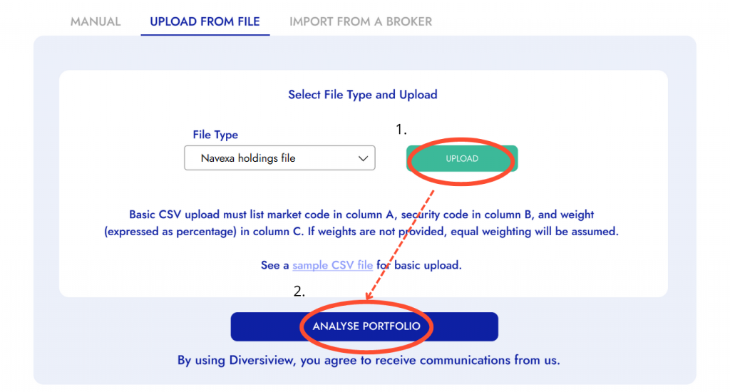 Getting started with Diversiview upload Navexa holdings file and analyse portfolio.